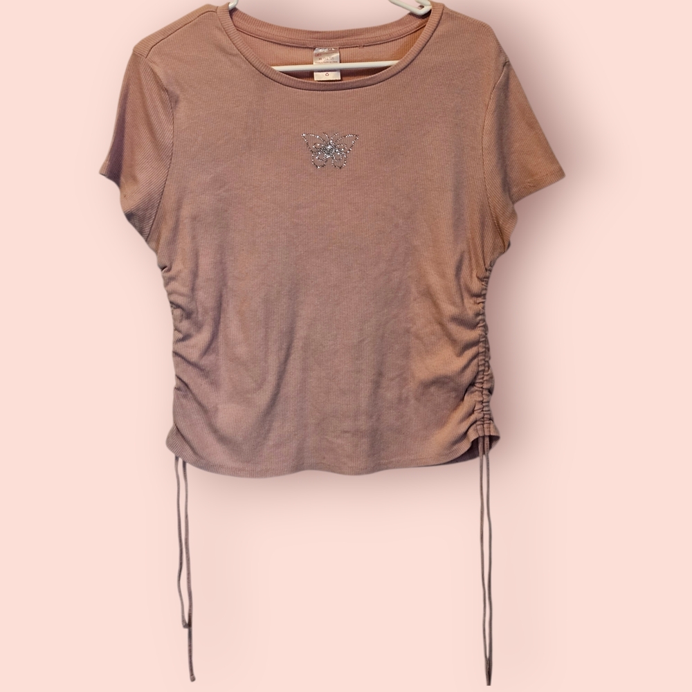 No Boundaries Juniors' Ruched Tee Pink Butterfly Girls Top Size XL (15-27)